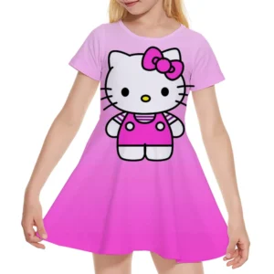 New Summer Girls Dress Fashion Cartoon Cute Cinnamoroll &Hello Kitty 3D Printing Dress Kid Short Sleeve Princess Clothing