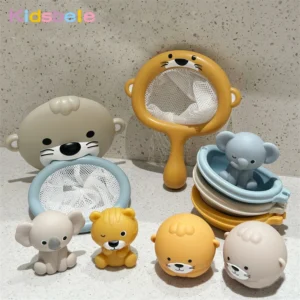 Cute Animal Bath Basketball Hoop Toy Set For Toddlers Floating Baby Bathtub Toys with Balls & Net Organizer Game Set For Kids