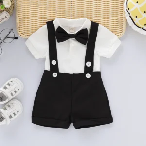 Mini Gentleman Outfit Newborn Baby Boy Formal Costumes Short Sleeve Shirt With Bow + Romper Short Pants Summer Fashion 2 Pcs Set
